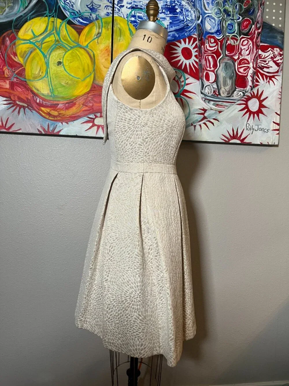 David's Bridal Ivory Metallic Jacquard Vintage Inspired Cocktail Dress